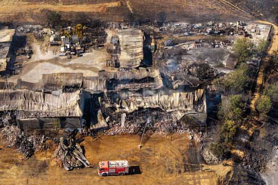 Aerial View of Destroyed Industrial Complex After the Oraiokastro Wildfire