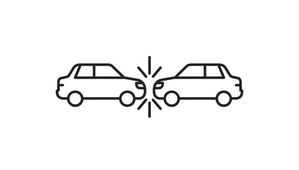 Obraz premium Line art icon representing a head-on car collision with impact sparks between two sedan vehicles on a clean white background.