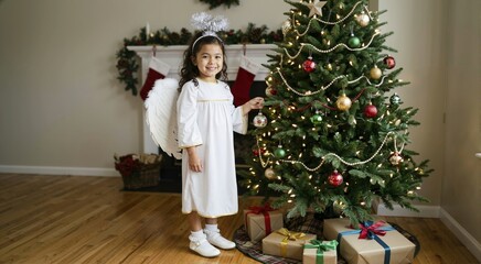 Fototapeta premium Hispanic child wearing angel costume standing near Christmas tree. Smiling young girl with wings and halo touching holiday ornament