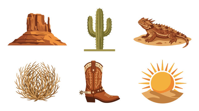 Collection of western desert landscape and wildlife icons