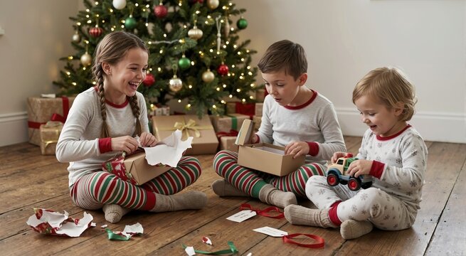Happy children in pajamas opening Christmas presents on a wooden floor. Smiling siblings unwrapping gifts by a decorated tree. Holiday morning tradition