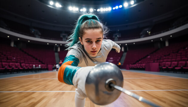 Dynamic extreme close up perspective of a determined young female fencer with teal hair lunging forward with her foil in a massive empty sports arena illuminated by dramatic bright stadium floodlights