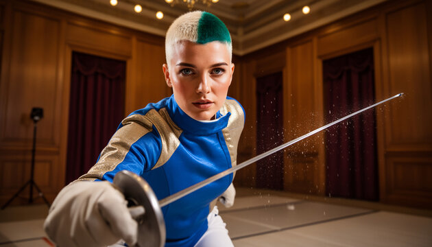 Close up perspective of a fierce female fencer with green hair extending her foil sword towards camera inside an ornate wooden hall during intense indoor tournament