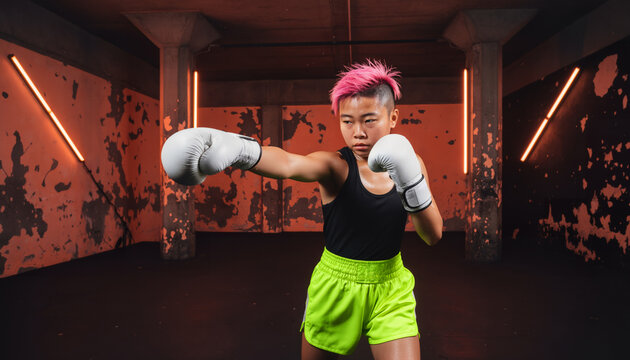 Fierce young fighter with vibrant pink hair throwing a punch wearing white boxing gloves and neon green shorts in a dark grungy underground studio illuminated by cinematic orange neon tube lights