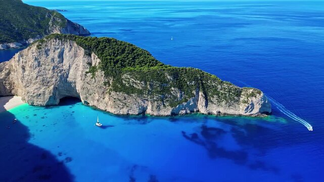Aerial view of Navagio Beach with turquoise waters, limestone cliffs, and boats in the Ionian Sea, Greece.
