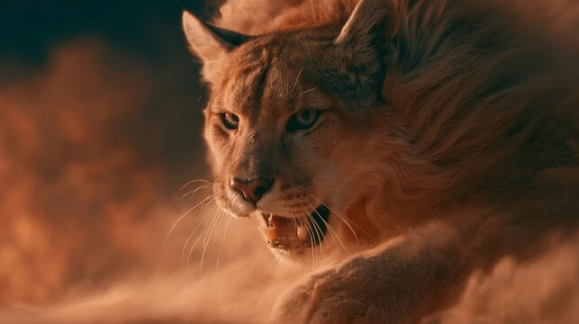 A fierce puma with an open mouth and glowing mane, captured in dramatic lighting against a dark, blurred background.