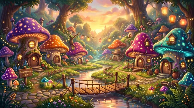 A magical fantasy mushroom village named Mushroom Holler features glowing toadstool houses, glowing lanterns, flowers, and a wooden bridge over a stream at sunset.