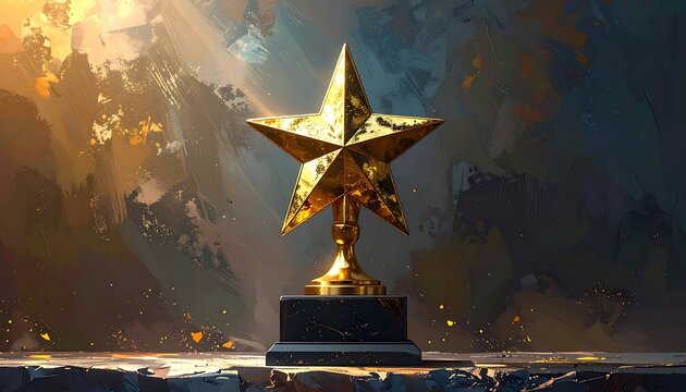 Golden star trophy award on pedestal, symbol of achievement, success, victory, recognition, competition