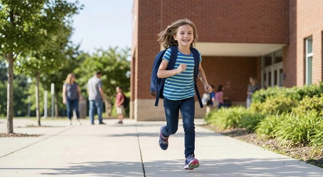 Excited elementary student wearing backpack running to school on sunny morning. Happy girl arriving at brick building