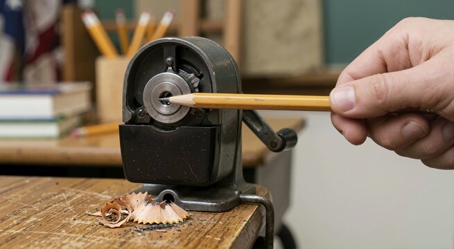 Close up of hand sharpening yellow wooden pencil in vintage mechanical sharpener. Back to school and education concept with wood shavings on desk