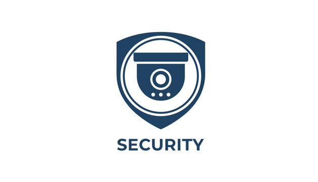 Security logo design featuring a dark blue dome surveillance camera inside a shield emblem on a white background.