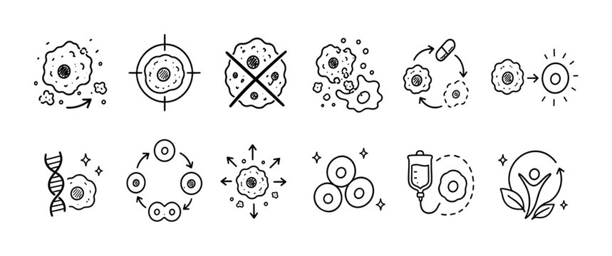 Set of hand-drawn oncology icons showing cancer cell treatment, metastasis, chemotherapy, DNA mutation, and remission concepts in a black and white doodle style for medical illustration