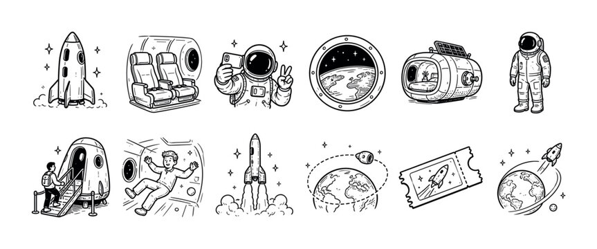 Set of hand-drawn space tourism icons showing a rocket, astronaut, planet Earth, and zero gravity in a black and white doodle style for exploration and adventure concepts