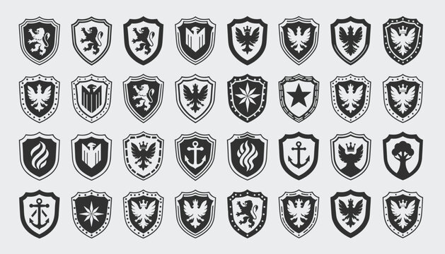 Shield emblems set featuring heraldic symbols like eagles, lions, anchors, and stars in black and white style.