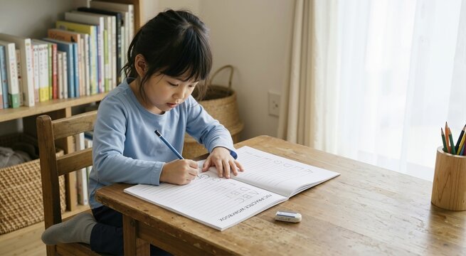 Young Asian girl writing alphabet letters in a practice workbook at home. Focused child doing homework at a wooden desk. Education and learning concept
