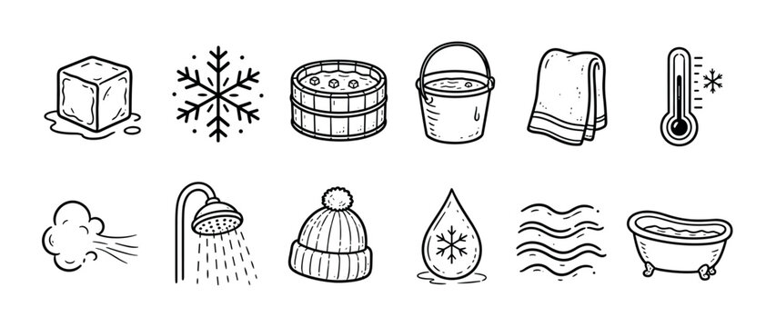 Hand-drawn icon set for cold therapy and winter swimming with doodle-style ice cube, snowflake, bathtub, shower, and thermometer for wellness and health concepts