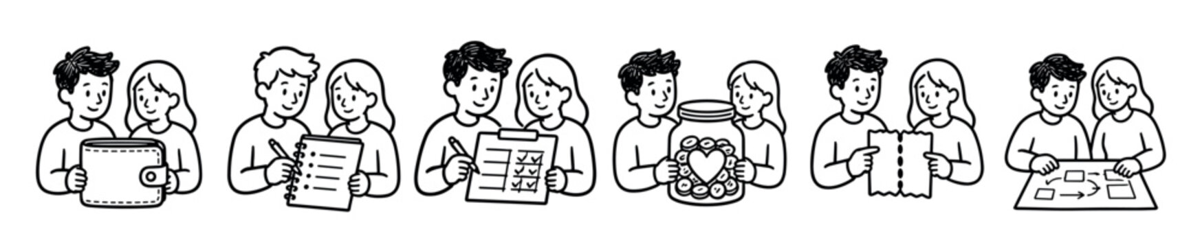 Set of six black and white line art illustrations showing a couple managing their finances together, planning a budget, checking off a list, saving money, and creating a strategic flowchart