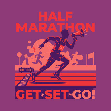 Energetic Half Marathon Runner With Megaphone Inspiring Competition Event Excitement Dynamic
