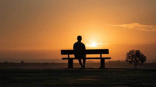 A lone silhouette sits quietly on a bench beneath the setting sun, surrounded by open space as long shadows and warm light create a peaceful atmosphere of reflection and stillness.
