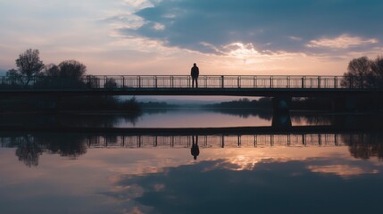 Fototapeta premium Title and idea: A solitary figure standing on a bridge at dusk reflects the quiet strength found in stillness, where fading light and calm waters inspire hope and contemplation. 