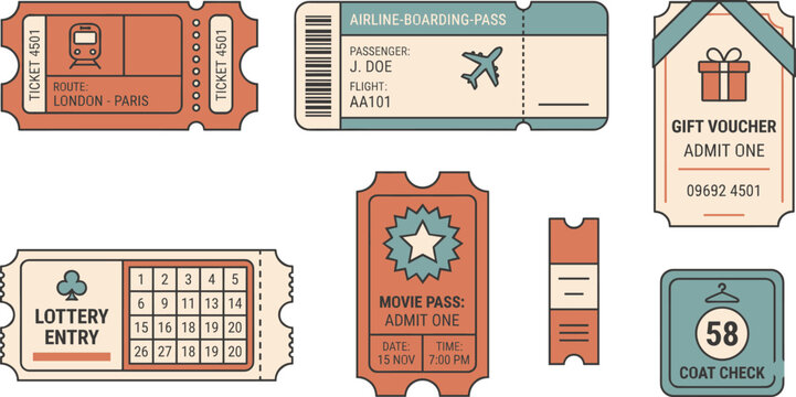 Retro Ticket Set with Train Airline Boarding Pass Lottery and Coat Check Vouchers