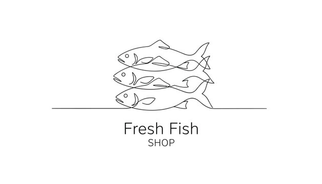 Fresh Fish Shop logo featuring three stacked fish drawn in a continuous minimalist line on a white background.