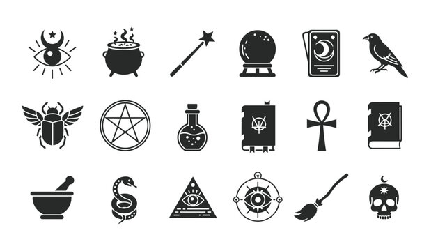 Set of fifteen magical occult icons featuring a cauldron, crystal ball, tarot cards, skull, and potion bottle.