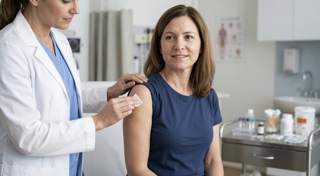Female doctor preparing a patient for a flu shot injection. Medical professional wiping woman's arm with an alcohol swab in a modern clinic