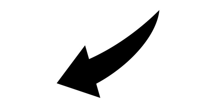 Black curved arrow pointing left and downwards isolated on transparent background