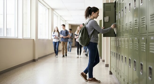 High school student opening locker in bright corridor between classes. Young female teenager with backpack holding notebook in school hallway