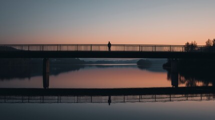 Obraz premium A lone silhouette stands quietly on a bridge at dusk, gazing over calm water as fading light and gentle reflections create a peaceful, contemplative atmosphere.