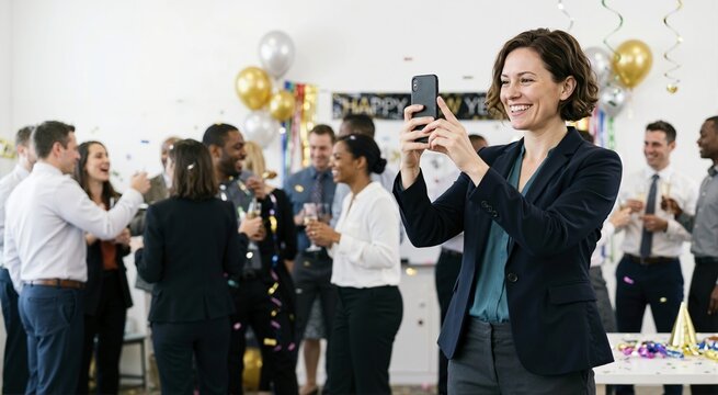 Happy businesswoman taking a photo of an office party with a smartphone. Smiling female professional capturing a New Year corporate celebration