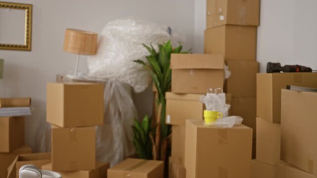Stacked cardboard moving boxes blurred bokeh interior with lamp plant and taped parcels; background backplate copyspace template calm.