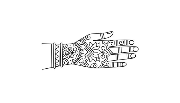Detailed black and white line art of a female hand decorated with traditional henna and beautiful oriental floral mehndi patterns.