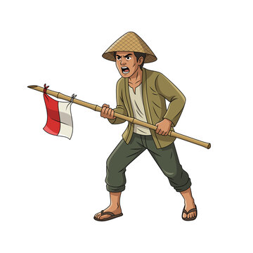 Indonesian Freedom Fighter Farmer with Bamboo Spear and Flag