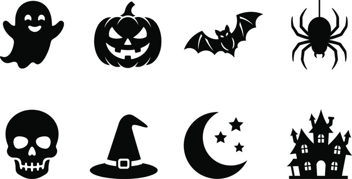 Halloween icons set with ghost jack o lantern bat spider skull