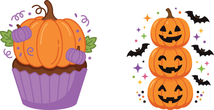 Halloween pumpkin cupcake and jack o lantern stack vector