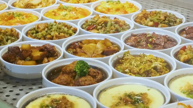 Chinese food dishes displayed in bowls at buffet counter with variety of freshly prepared local cuisine. Traditional Asian meals ready for customers, everyday local cuisine and food service, China