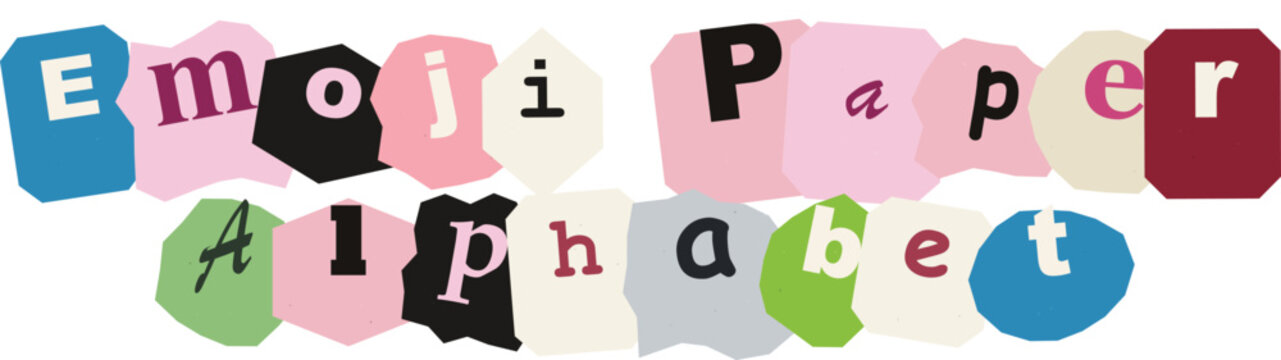 Colorful cutout paper alphabet collage spelling emoji paper alphabet ransom note style vector illustration