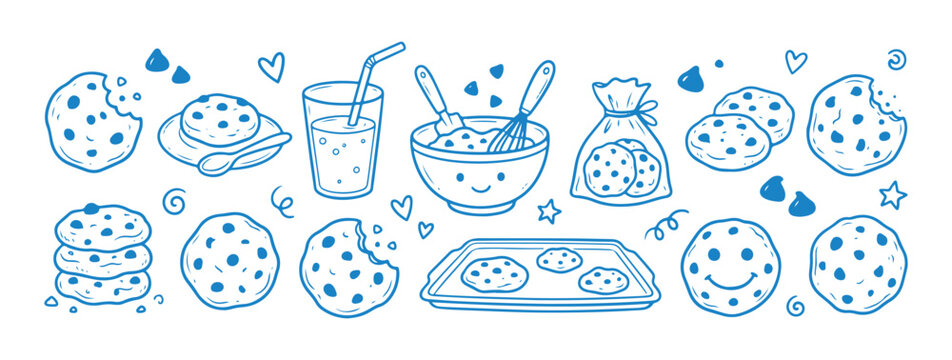 Hand drawn cookie icons set. Doodle bakery elements for menu design and food patterns.