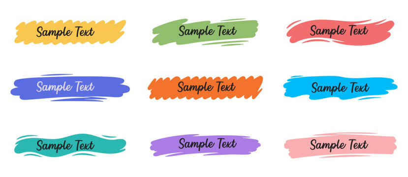 Text box frame banner design set. Hand drawn brush stroke banners, painted text boxes and scribble labels for titles, headings, quotes, tags and highlighted text. Colorful vector illustration