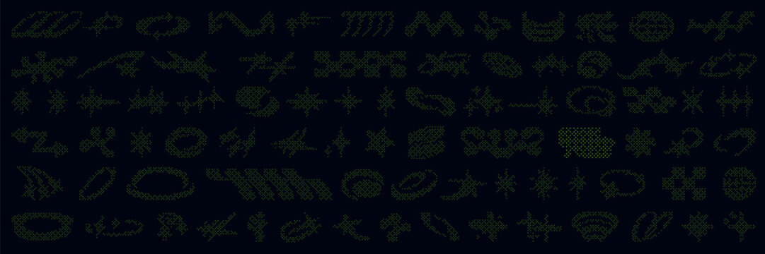 Y2K bling aesthetic with sparkling star shapes and retro symbols. Glittering icons feature abstract geometric designs, heart figures, and starburst patterns for trendy graphics.