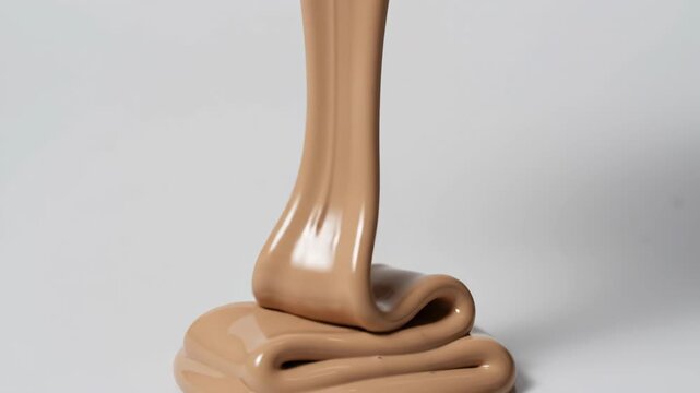 Smooth thick liquid foundation pouring in a graceful curved stream against a clean white background with elegant motion