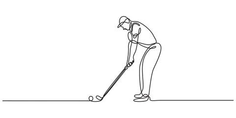 Golfer aiming with club to hit a ball in continuous one line drawing style, Golf player with club and ball set one line art. Continuous line drawing hitting the ball with a club, game, golf, player,  © Vector Man