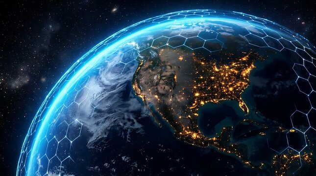 Digital earth globe with global communication network lines