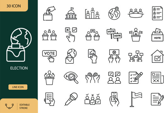 Election and voting democracy line editable icon set. Containing hand ballot box, capitol government building, debate podium, candidate choice, vote sign, and more. Vector Illustration.