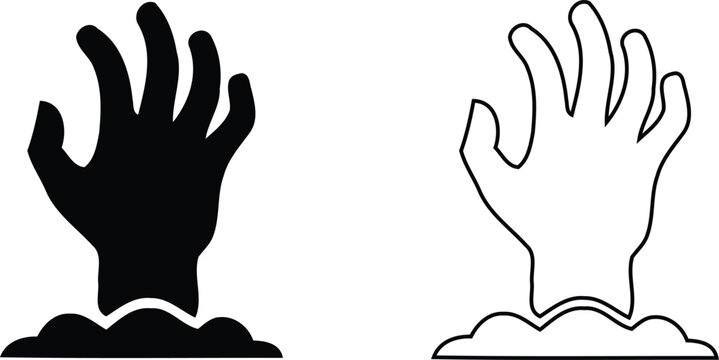 Set of two zombie hand icons emerging from the ground in solid black and simple outline graphic design styles