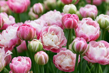 Obraz premium A garden of pink and white tulips in full bloom, featuring double layers and buds and layered petals
