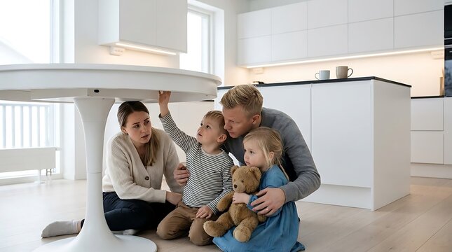 Family Taking Shelter During Earthquake at Home, Earthquake Safety and Emergency Preparedness