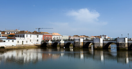 Obraz premium Tavira town central Praca da Republica square at sunny day in Algarve region, Portugal.